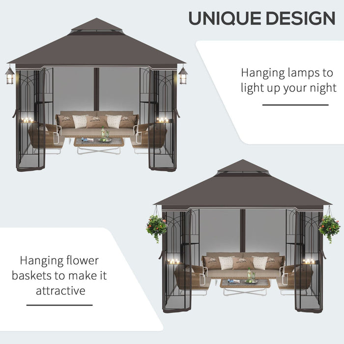 Outsunny 3x3m Coffee Brown Garden Gazebo with Double Tier Roof and Mesh Curtains - Green4Life