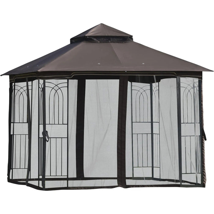 Outsunny 3x3m Coffee Brown Garden Gazebo with Double Tier Roof and Mesh Curtains - Green4Life