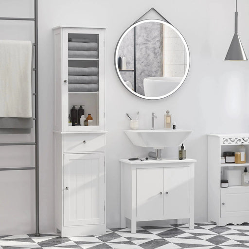 kleankin Bathroom Storage Cabinet with 3-tier Shelf, Drawer and Cupboard, Tall Slim Organiser Shelves - White - Green4Life