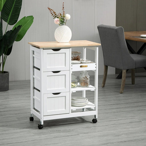 Kitchen Island Cart with Wooden Top, Shelves & Drawers - White - Green4Life