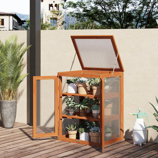 Outsunny 58L x 44W x 78H (cm) 3-tier Wooden Greenhouse with Storage Shelves -  Natural - Green4Life