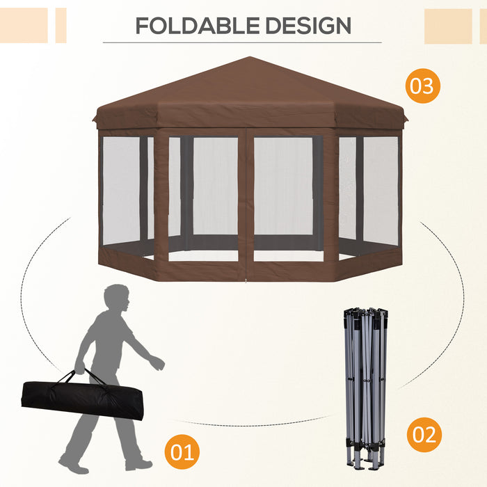 11 x 10 ft (3.5 x 3m) Hexagonal Gazebo with Adjustable Height and Mosquito Netting - Brown - Outsunny