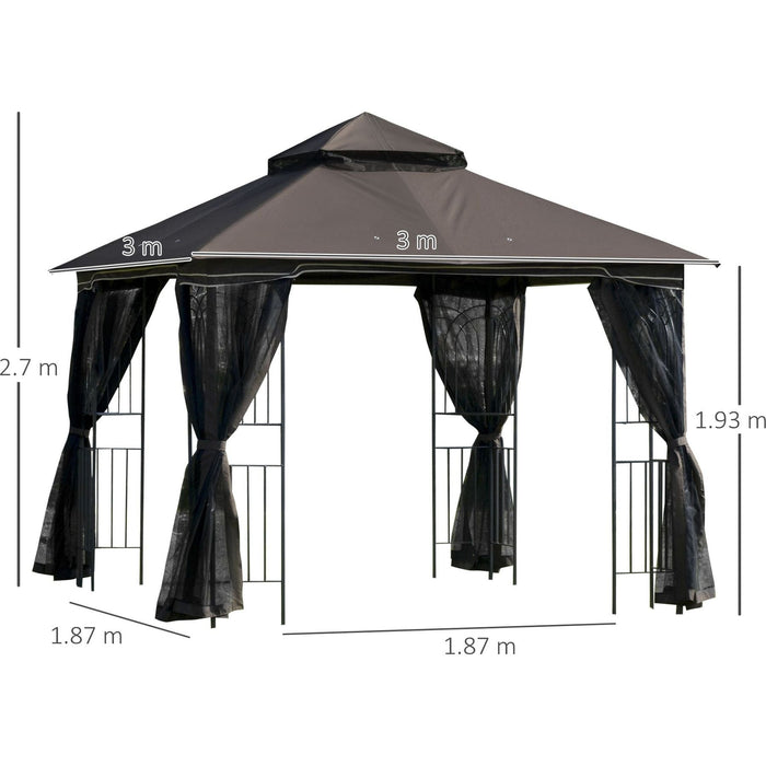 Outsunny 3x3m Coffee Brown Garden Gazebo with Double Tier Roof and Mesh Curtains - Green4Life