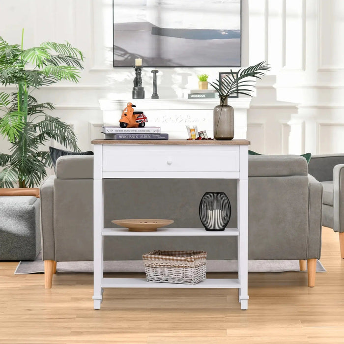 Console Table with One Drawer & 2 Shelves - White & Natural Wood Tone - Green4Life