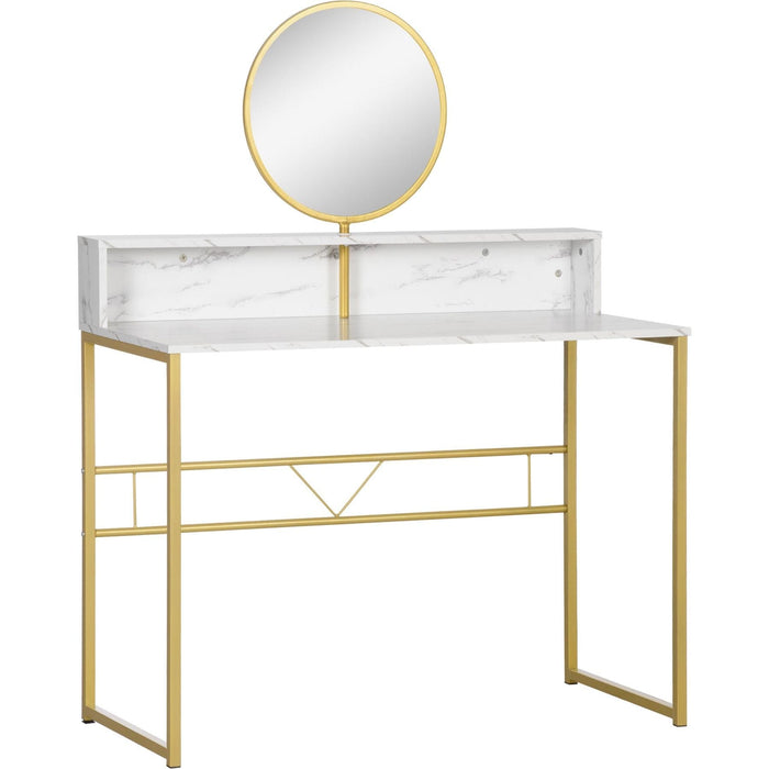 Modern Dressing Table with Round Mirror & Open Storage - White Marble - Green4Life