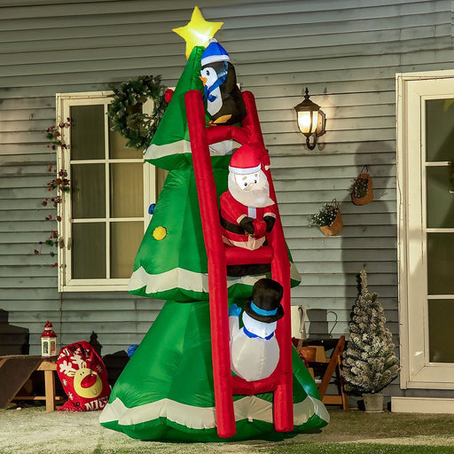 8ft Inflatable Christmas Tree with Santa, Penguin and Snowman on Ladder - Green4Life