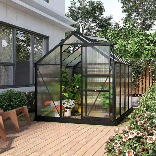 Outsunny Polycarbonate Walk-In Greenhouse with Aluminium Frame and Slide Door (6ft x 8ft) - Grey - Green4Life