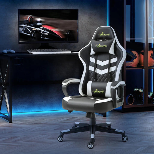Vinsetto PVC Leather Gaming Desk Chair with Lumbar Support and Headrest - Black/White - Green4Life