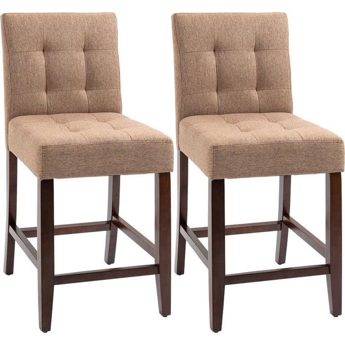 Set of 2 Fabric Upholstered Bar Chairs with Tufted Back, Thick Padding & Wooden Legs - Brown - Green4Life