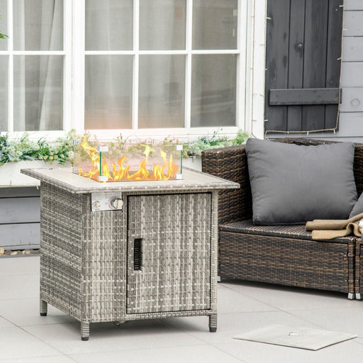 Outsunny Rattan Square Gas Fire Pit Table with Glass Windscreen and Lava Stones - Grey - Green4Life