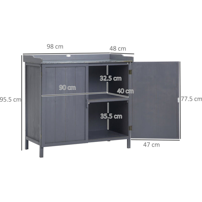 Outsunny 98W x 48D x 95.5Hcm Garden Storage Cabinet with Galvanised Top and Two Shelves - Grey - Green4Life