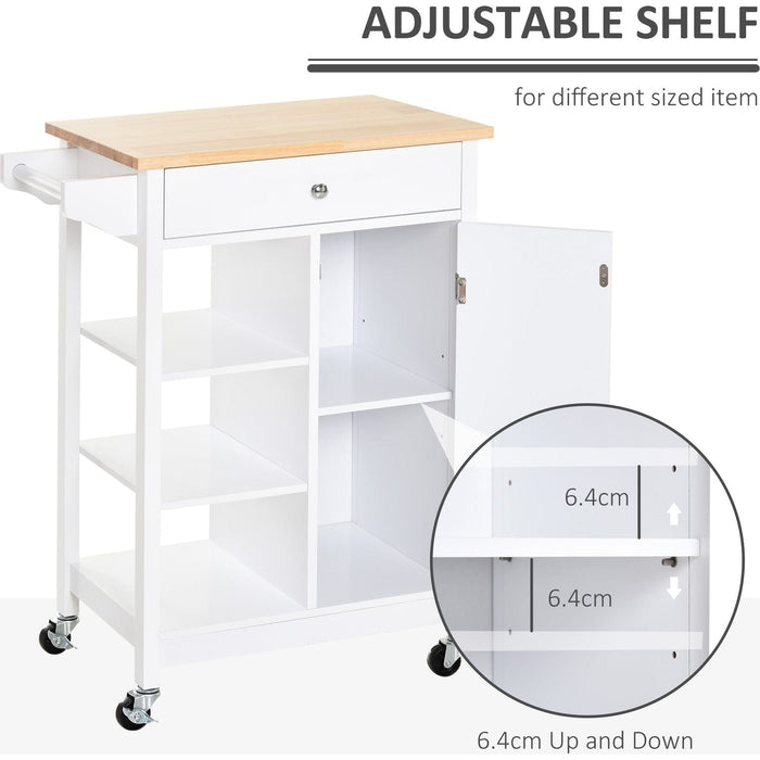 Kitchen Storage Trolley Unit with Wooden Top, 3 Shelves & Cupboard - White - Green4Life