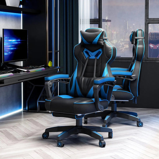 Vinsetto PU Leather Gaming Chair with Footrest and Headrest - Blue/Black - Green4Life