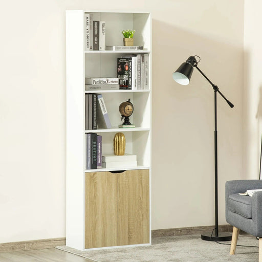 4-Shelves Tall Bookcase Unit with Bottom Cupboard - White/Oak - Green4Life