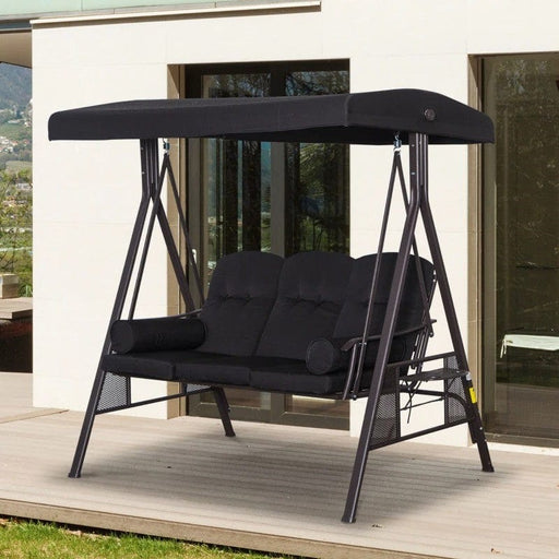 3 Seater Garden Swing Chair with Adjustable Canopy, Cushions and Cup Trays - Black - Outsunny - Green4Life