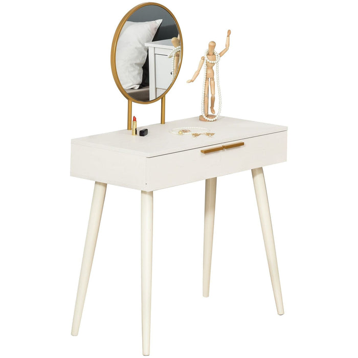 Dressing Table with 2 Drawers & Round Mirror - White - Green4Life