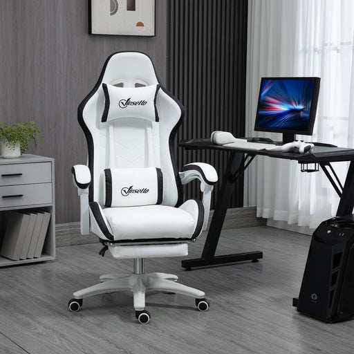 Vinsetto Reclining PU Leather Gaming Chair with Footrest, Removable Headrest and Lumber Support - White/Black - Green4Life