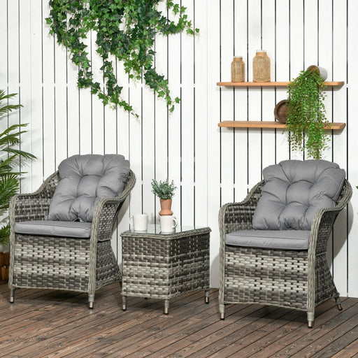 Outsunny 3-Piece Modern Rattan Bistro Set with Soft Cushions, Glass Top Table - Grey - Green4Life