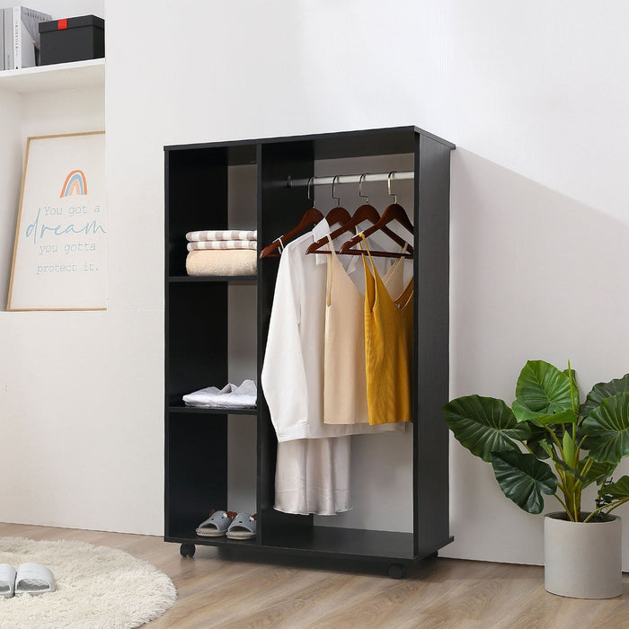 Open Wardrobe with Hanging Rail, Storage Shelves & Wheels - Black - Green4Life