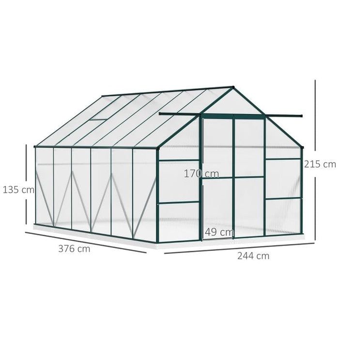 Outsunny 8 x 12ft Walk-in Greenhouse with Polycarbonate Panels, Aluminium Frame, Roof Vent & Sliding Doors - Green Frame - Green4Life