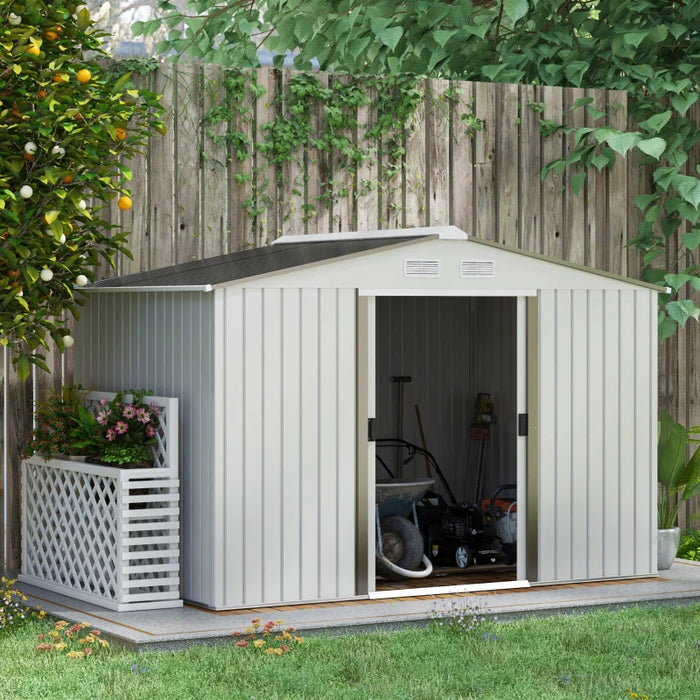 9 x 6 ft (277L x 195W x 192Hcm) Metal Shed with Foundation and Ventilation Slots - Silver - Outsunny