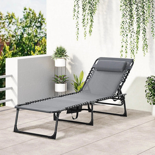 Grey Folding Sun Lounger - Adjustable Recliner with Pillow - Outsunny - Green4Life