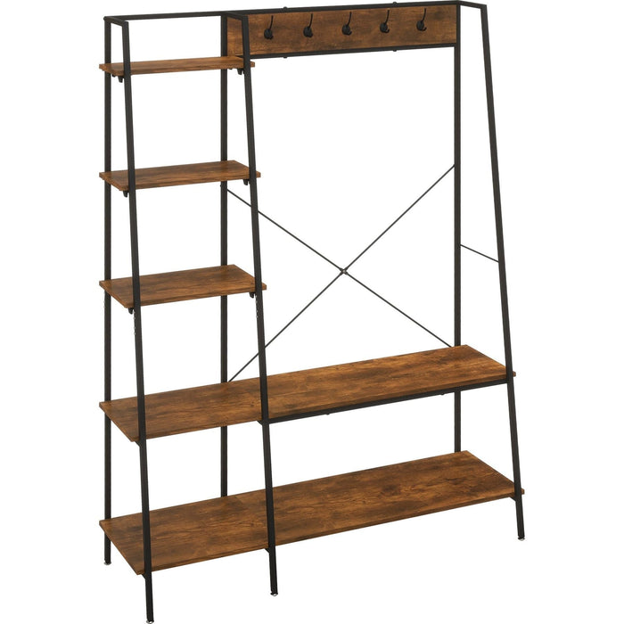 Industrial Design Hallway Unit with 2 Tier Shoe Rack, 5 Hooks, 5 Side Shelves & Steel Frame 117 x 38 x 169cm - Brown - Green4Life