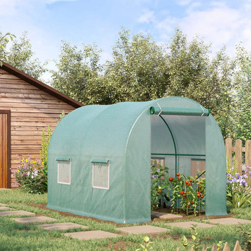 Outsunny 245 x 200 x 198 (cm) Reinforced Walk in Polytunnel Greenhouse with Roll Up Door, Galvanised Steel Frame and Zipped Door Windows - Green - Green4Life