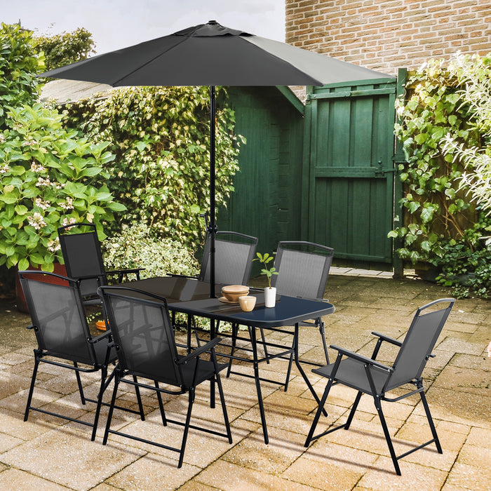 6-Seater Garden Dining Set with Parasol and Folding Chairs - Black - Outsunny