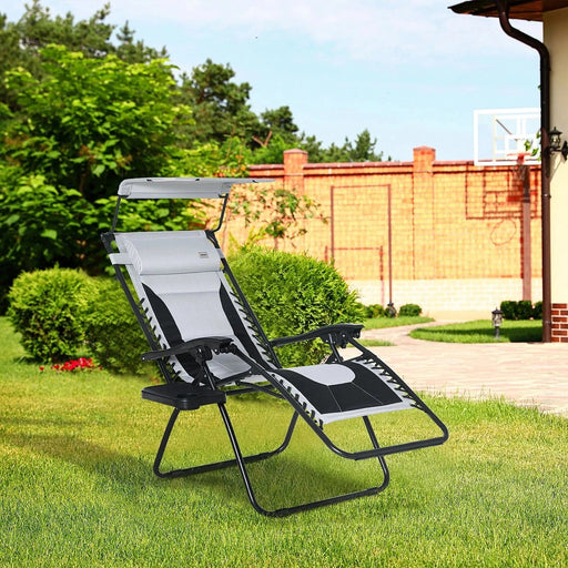 Grey Sun Lounger Chair with Canopy & Cup Holder - Outsunny - Green4Life