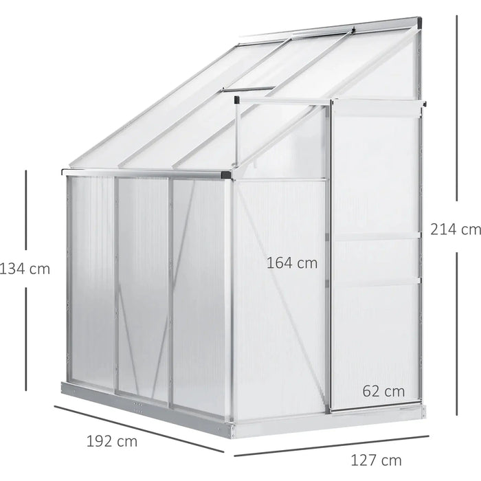 Outsunny 6 x 4ft Lean to Wall Polycarbonate Greenhouse with Aluminium Frame, Roof Vent and Sliding Door - Clear - Green4Life