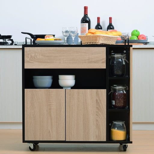 Kitchen Storage Trolley Cupboard with Shelves & 2 Handles - Oak/Black - Green4Life