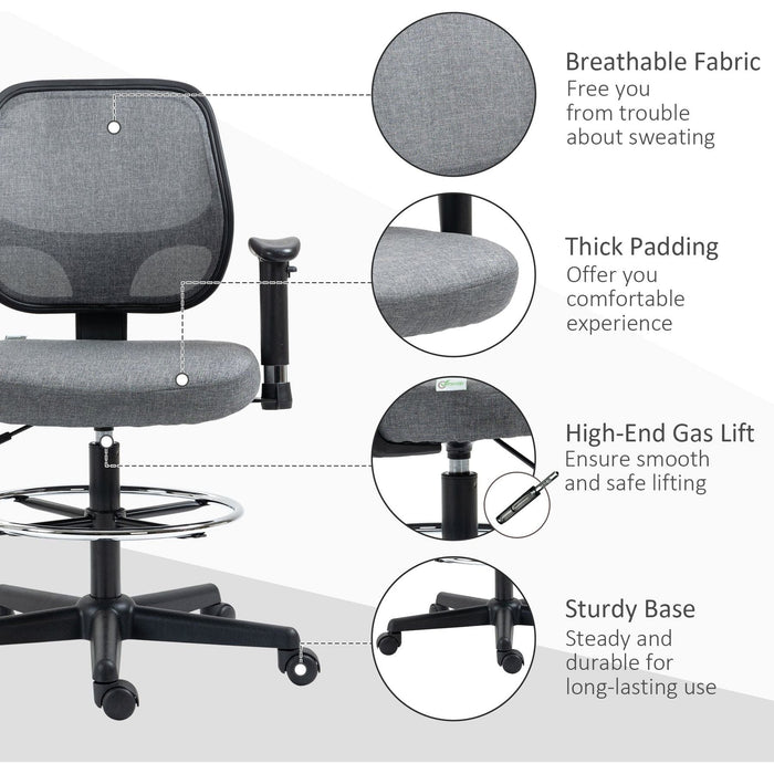 Vinsetto Drafting Office Chair with Adjustable Height & Footrest Ring - Grey - Green4Life