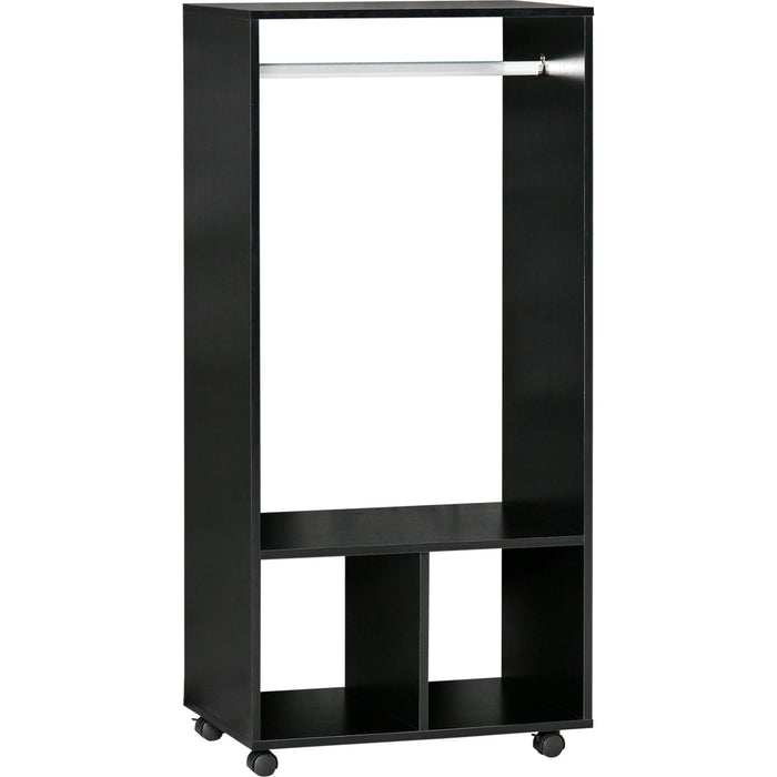 Open Wardrobe on Wheels with Hanging Rail and Shelves - Black - Green4Life