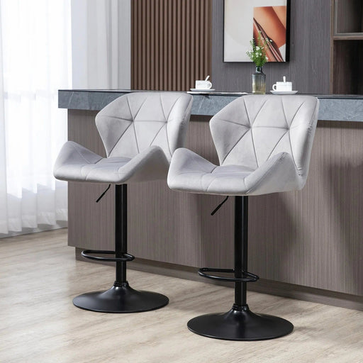 Set of 2 Luxurious Velvet-Touch Bar Stools with Metal Frame, Adjustable Height, and Swivel - Grey - Green4Life