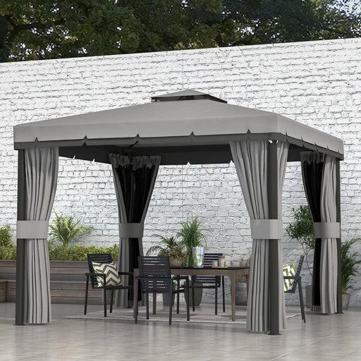 10 x 10 ft (3 x 3m) Light Grey Pavilion with Dual-Tier Roof and Full Enclosure Netting and Curtains - Outsunny - Green4Life