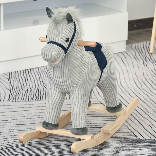 Kids Ride On Ribbed Plush Rocking Horse with Sound - Grey - Green4Life