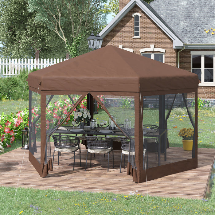 11 x 10 ft (3.5 x 3m) Hexagonal Gazebo with Adjustable Height and Mosquito Netting - Brown - Outsunny