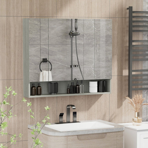 kleankin Bathroom Mirror Cabinet with Adjustable Shelves, 3 Doors and Cupboards - Grey - Green4Life