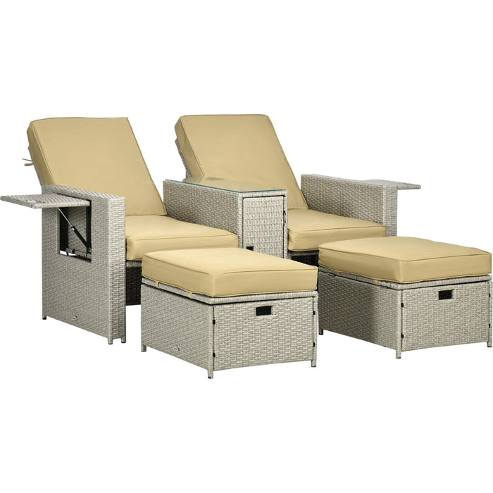 Outsunny 5-Piece Recliner PE Rattan Sun Lounger Set with Storage Side Table, and Footstools for Patio and Garden - Beige/Khaki - Green4Life