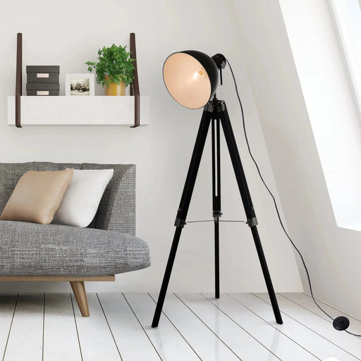 Industrial Style Floor Lamp with Wooden Tripod Legs - Black & White - Green4Life