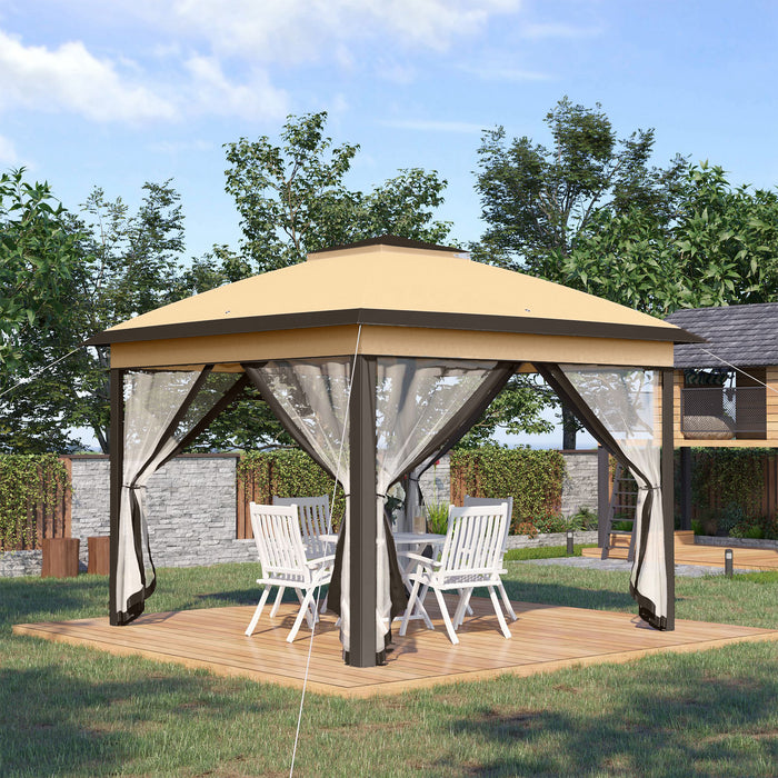 11 x 11 ft (3.35 x 3.35m) Adjustable Double-Roof Gazebo with Mesh Sidewalls - Beige - Outsunny