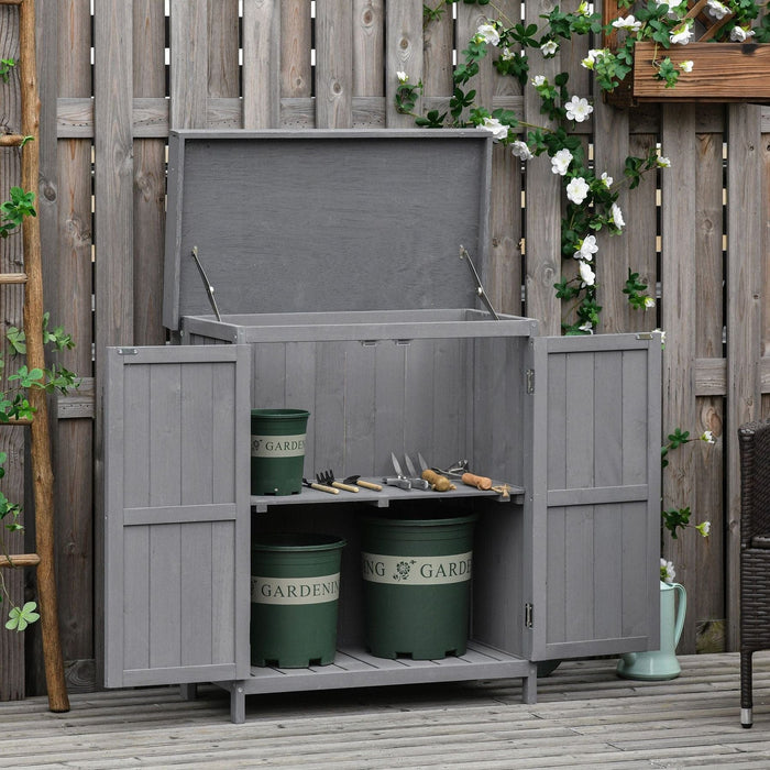 Outsunny 74L x 43W x 88H cm Wooden Garden Storage Shed with Hinged Roof and Shelves - Grey - Green4Life