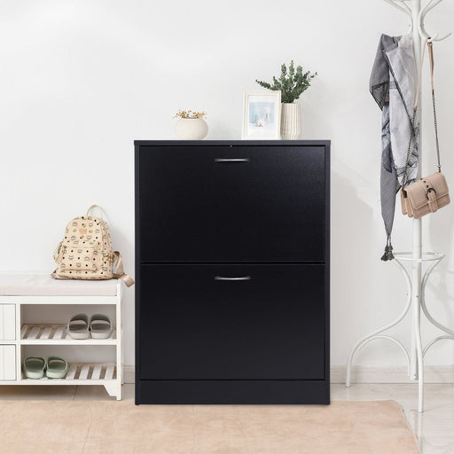 2 Drawer Shoe Cabinet with Flip Doors and Adjustable Shelves - Black - Green4Life