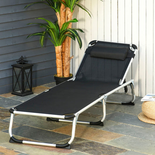 Black Adjustable Sun Lounger with Pillow - Lightweight Aluminium - Outsunny - Green4Life