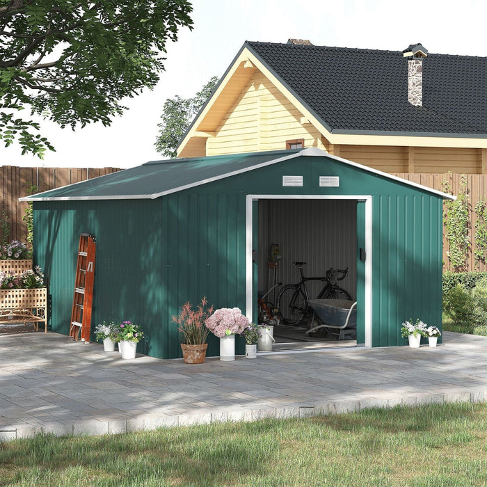 Outsunny 13 x 11 ft Metal Shed with Foundation and Ventilation Slots - Deep Green - Green4Life