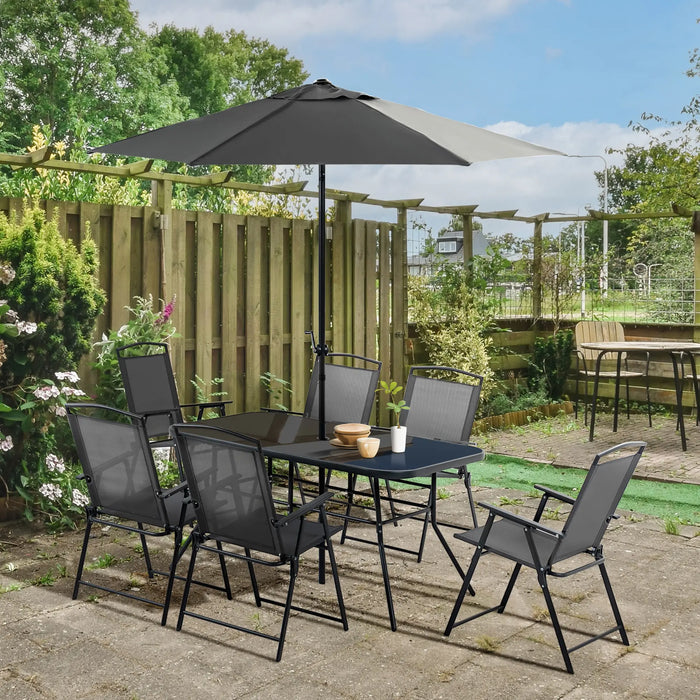 6-Seater Garden Dining Set with Parasol and Folding Chairs - Black - Outsunny