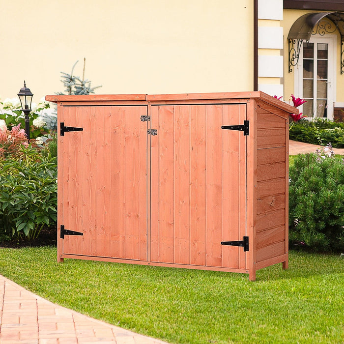 Outsunny 128L x 50W x 90Hcm Wooden Garden Storage Shed Organiser with Shelves & Double Door - Golden Red - Green4Life