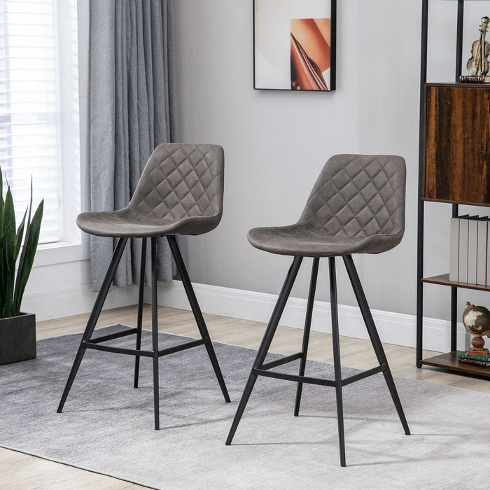 Set of 2 Vintage Style Bar Stools with Microfibre Fabric Upholstery & Padded Seats - Dark Grey - Green4Life