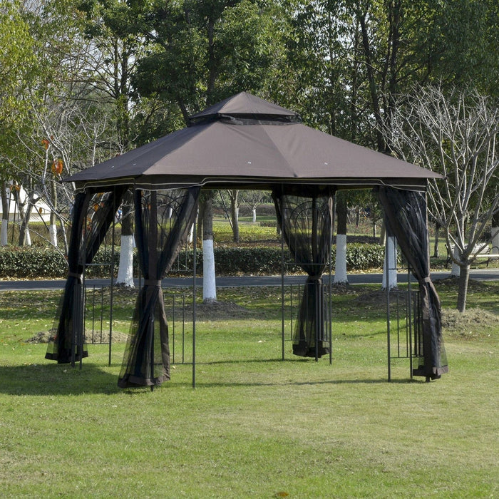 Outsunny 3x3m Coffee Brown Garden Gazebo with Double Tier Roof and Mesh Curtains - Green4Life